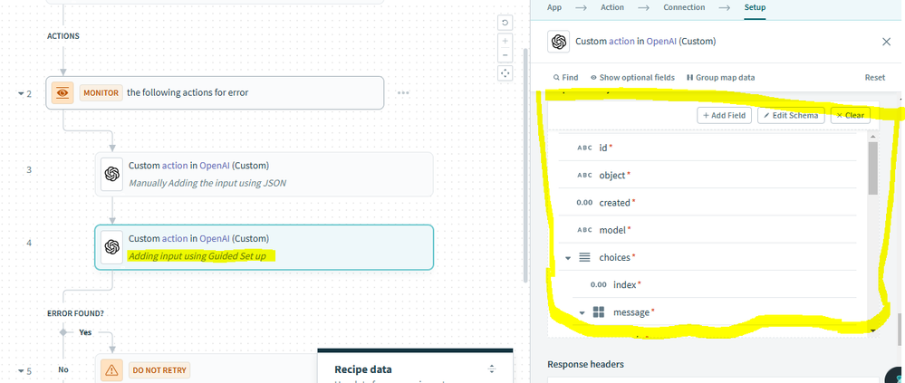 Guided set up response auto added by Workato at the end point response